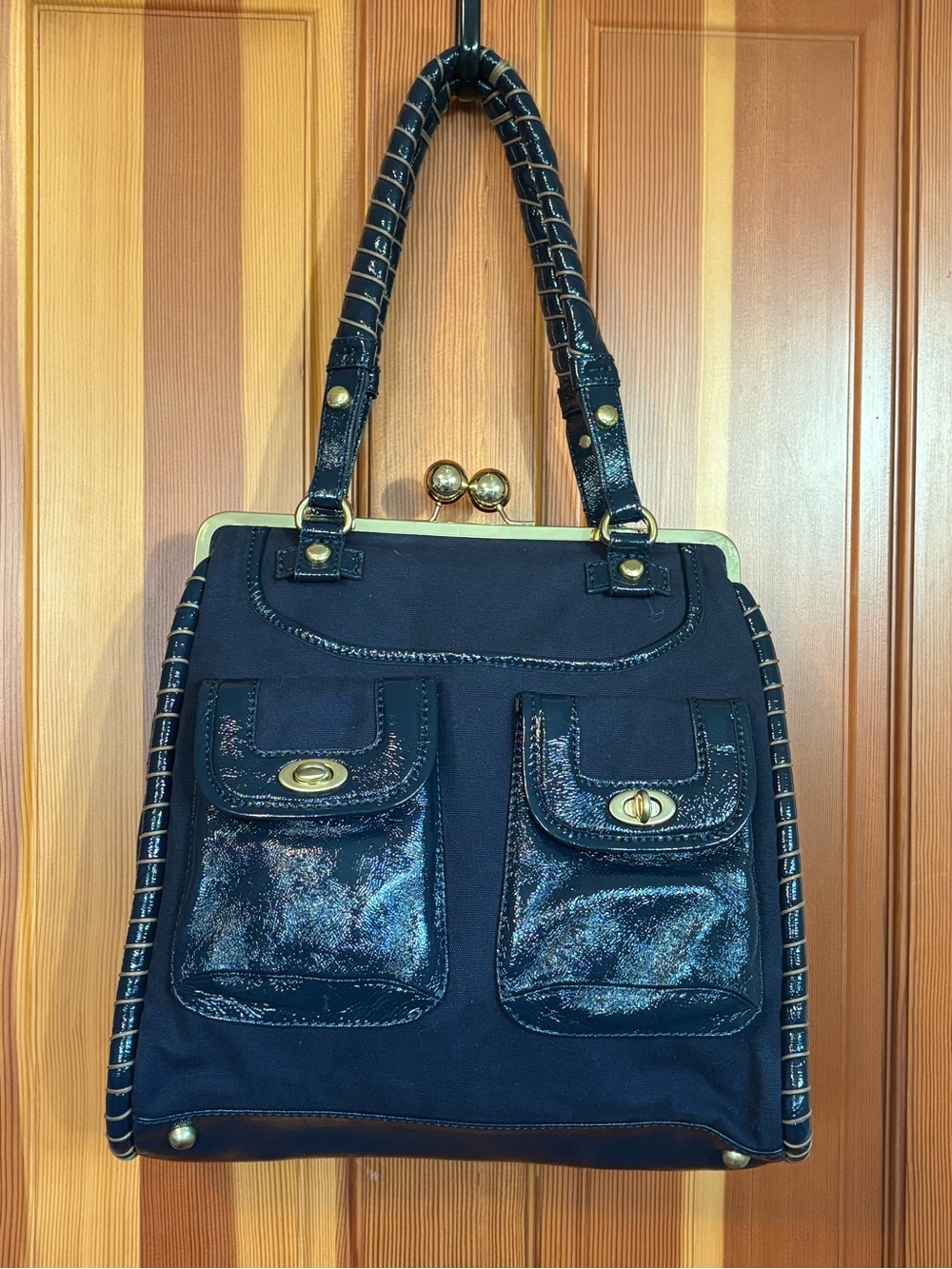 Cynthia Rowley Navy Canvas Shoulder Bag with Gold-Tone Hardware